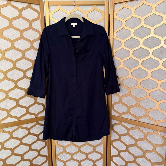 Cuyana Size S Navy Blue Poplin 3/4 Sleeves Collared Tunic Mini Shirt Dress - Picture 3 of 16